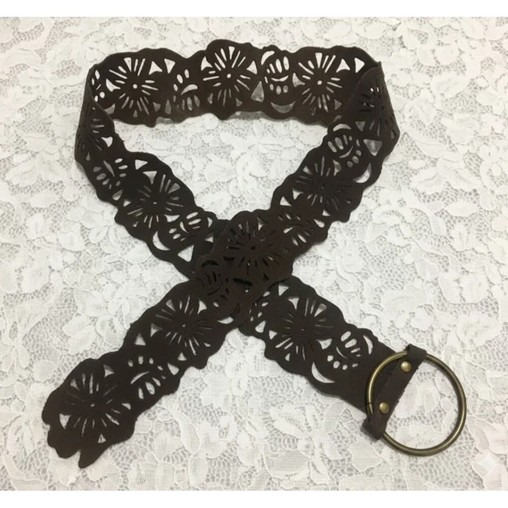 Prana Cut out Leather Belt Womens S/M Brown Suede Brass Ring Buckle